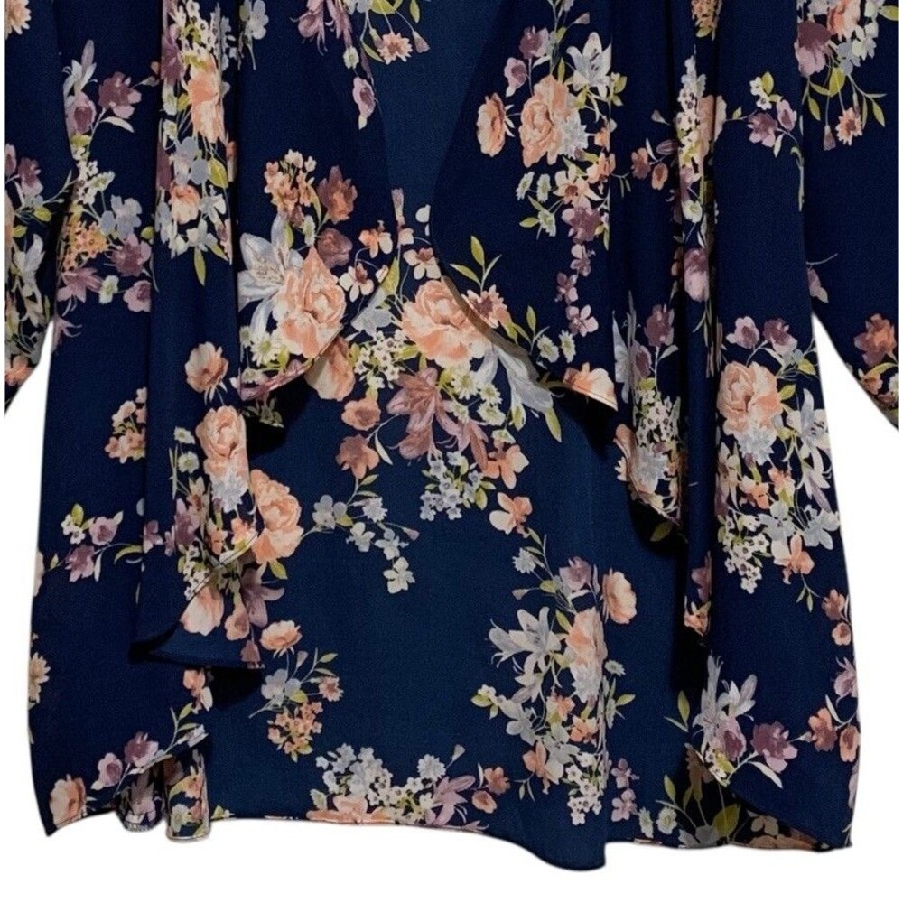 Cameo Kimono Open Front Womens Size 1X Navy Blue Floral 3/4 Sleeve Semi-Sheer - Picture 3 of 11